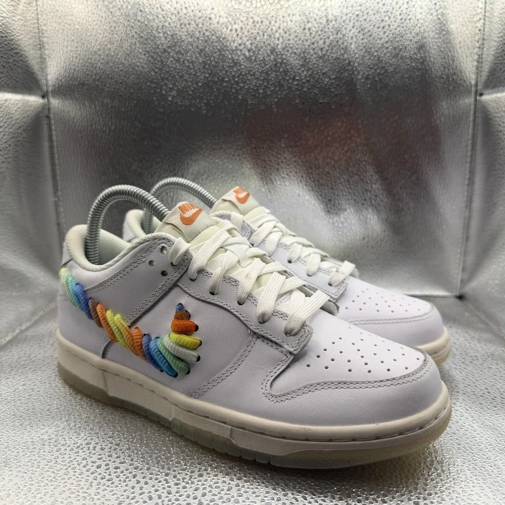 Size 5Y Nike Dunk Low SE Rainbow Lace Swoosh White Kids Sneaker Shoes FN4861-100